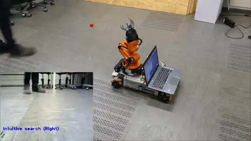 Brazo robótico KUKA youBot sobre base móvil que localiza un objeto con la cámara 3D, se acerca y lo agarra
